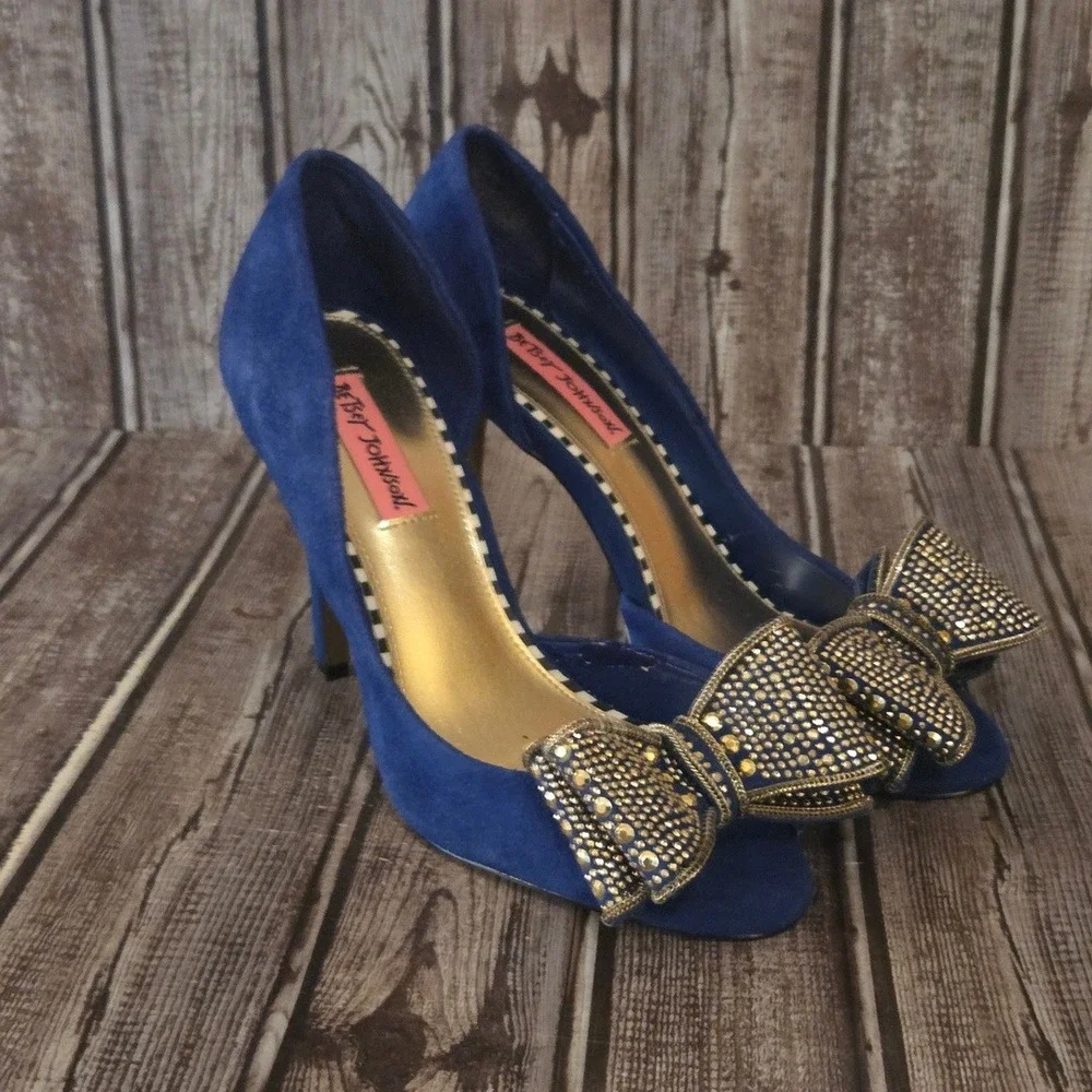 Sz 8 M Betsey Johnson Glisin Blue Suede Studded Bow Peep Toe Heels Pumps Shoes